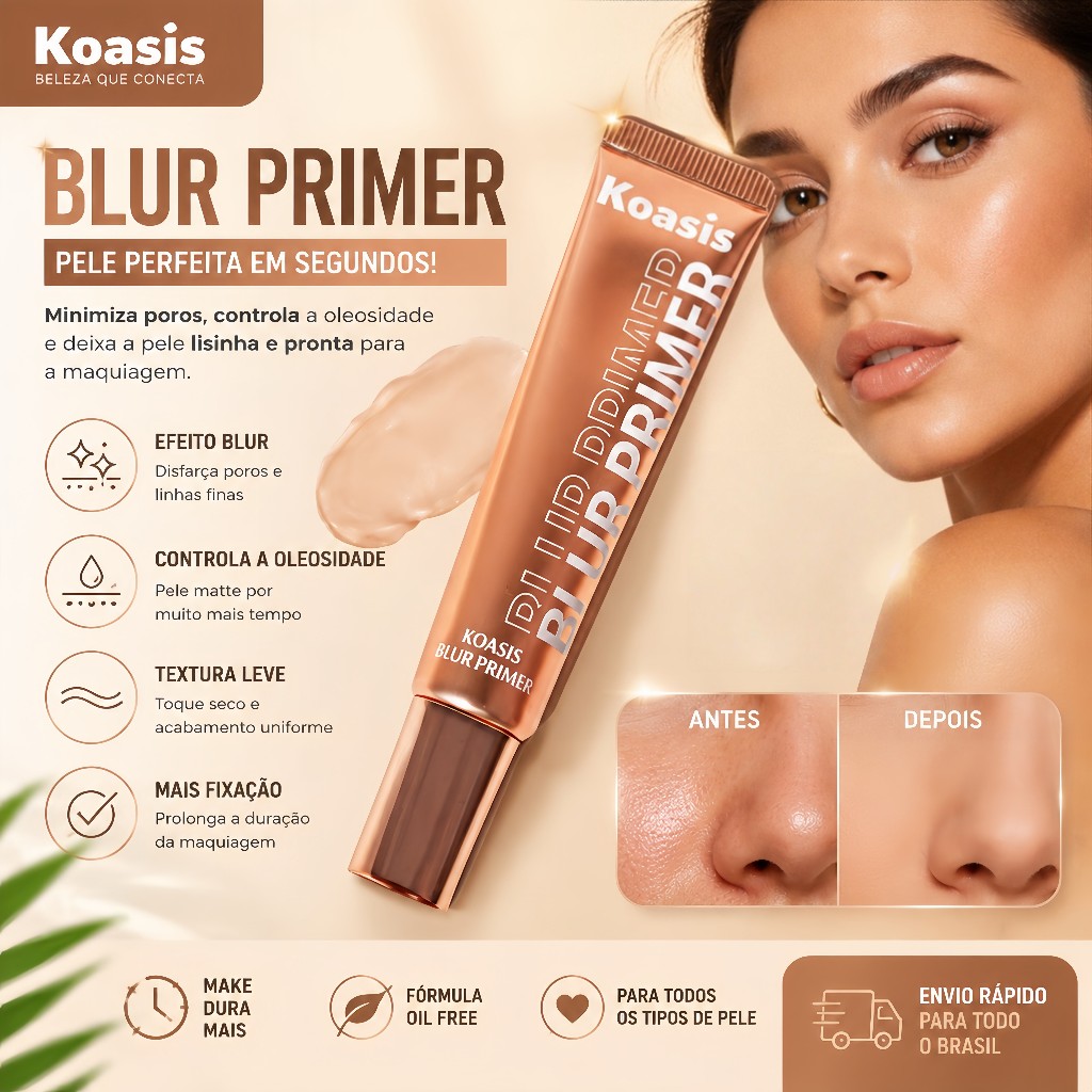 Koasis Blur Primer MINIMIZA POROS + CONTROLE DE BRILHO para TODAS as Peles 30ml Refinador de Poros e Hidratante
