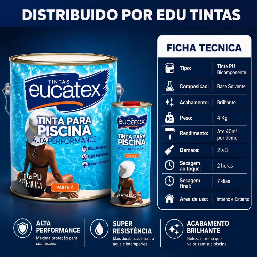 Kit Tinta Pu Para Piscina 3,6Lt - Eucatex Premium Azul Ou Branco — imagem 2 de 2