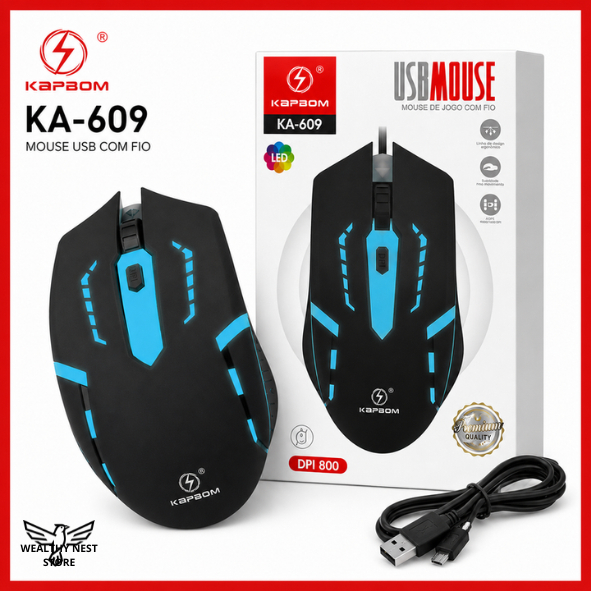 Mouse Gamer Com Fio USB RGB LED KA-609 Ergonômico Com 800 DPI Compacto Confortável para PC Notebook Jogos e Trabalho
