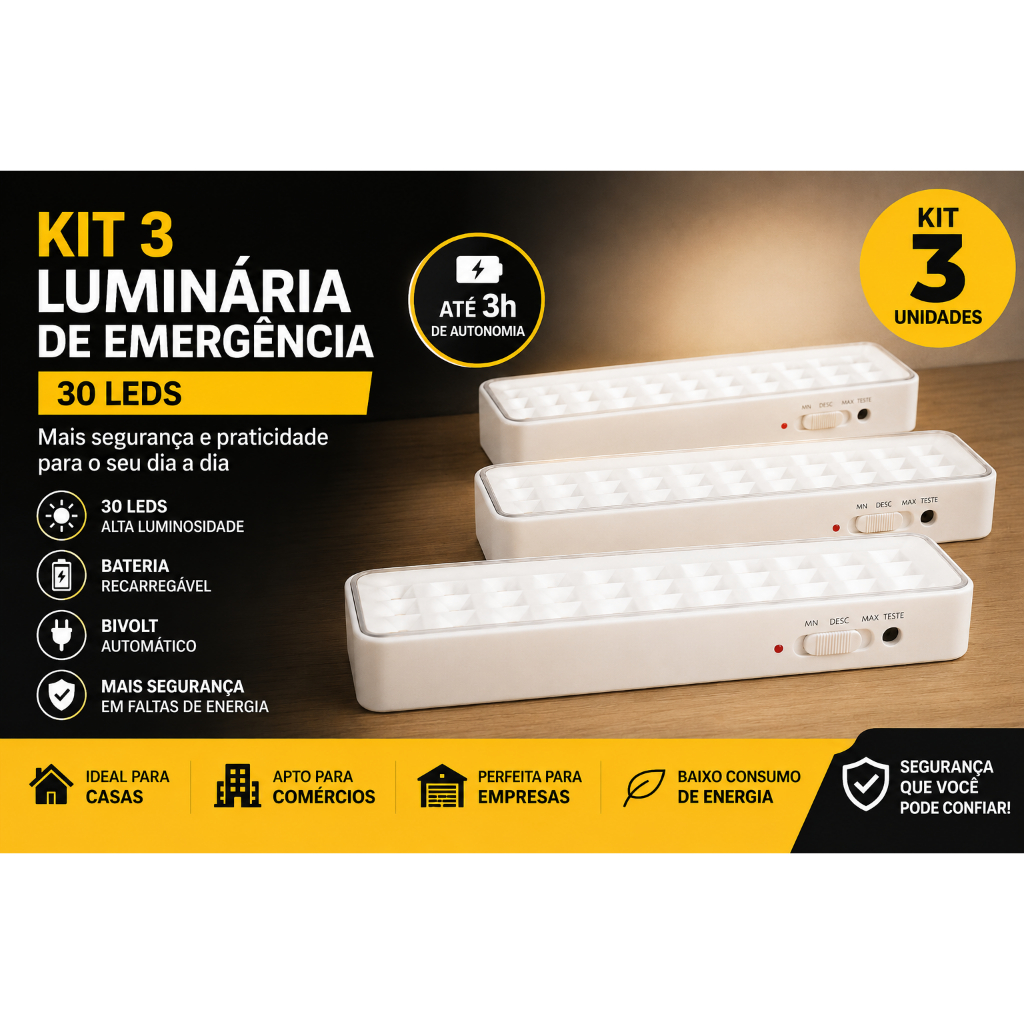 Kit 3 Luminária de Emergência Lâmpada 30 Leds Recarregável Bivolt Luz Branca Fria