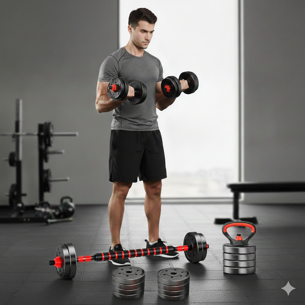 Kit Treino Funcional Halteres Barra Supino Kettlebell Preto Ajustavel Academia em Casa