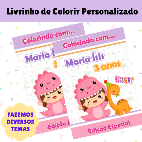 Livrinho de Colorir Dinossauro Baby Rosa Personalizado com Nome e Idade | Lembrancinha Festa Infantil | 10 a 50 unidades