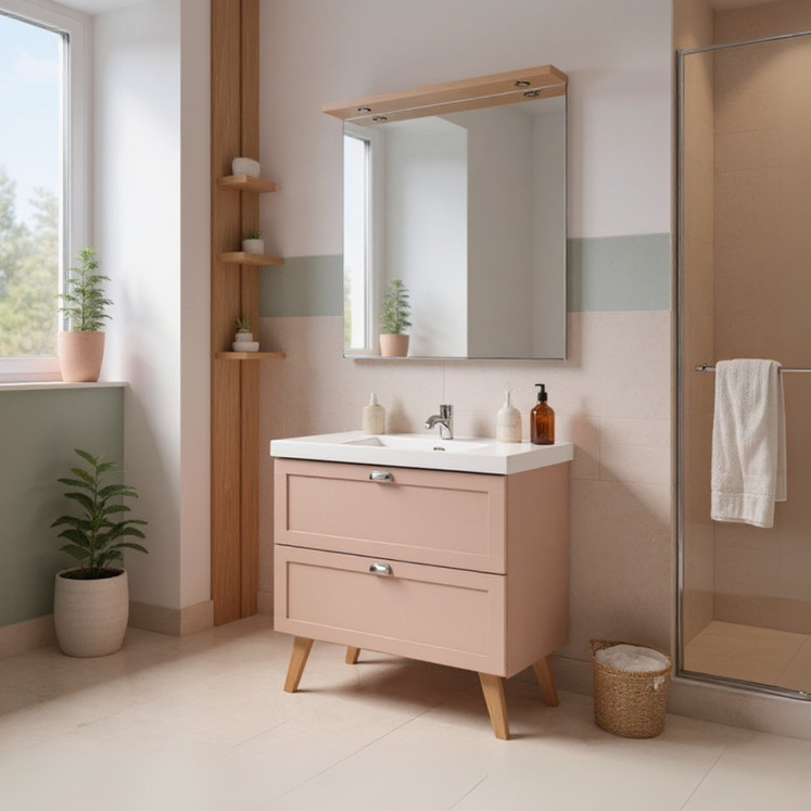 Gabinete para Banheiro com Cuba e Espelheira 80cm Retro Mdf Rosa Milano - On Móveis