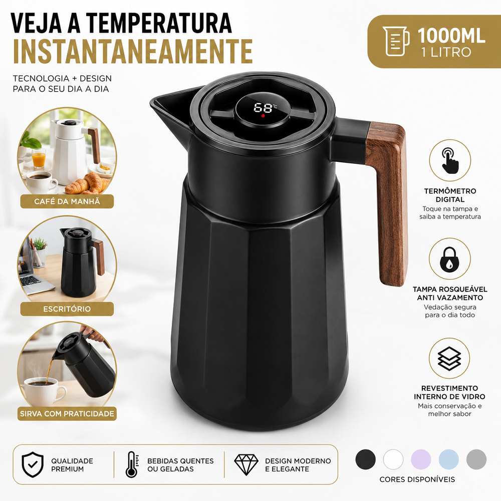 Garrafa Térmica 1L Com Termômetro Digital Na Tampa Revestimento Interno De Vidro Tampa Rosqueável Premium