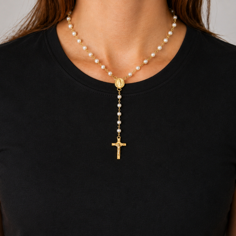 Terço de Hematita Rosário Colar Religioso Nossa Senhora Aparecida Aço Inox Preto Com Fecho Medalhas Pescoço