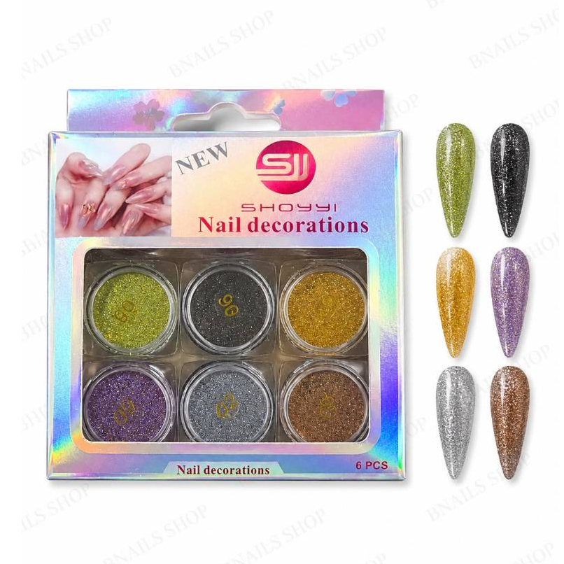 Kit Pó Holográfico Color Cromado Glitter Para Unha Gel Led UV Nail Manicure com 6 unidades