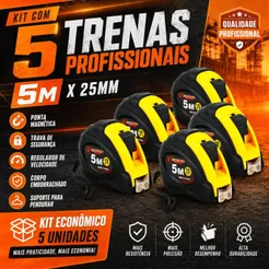 Trena De Aço Emborrachada Profissional - Com 5 Metros - Kit C/5 Unidades - Nybc