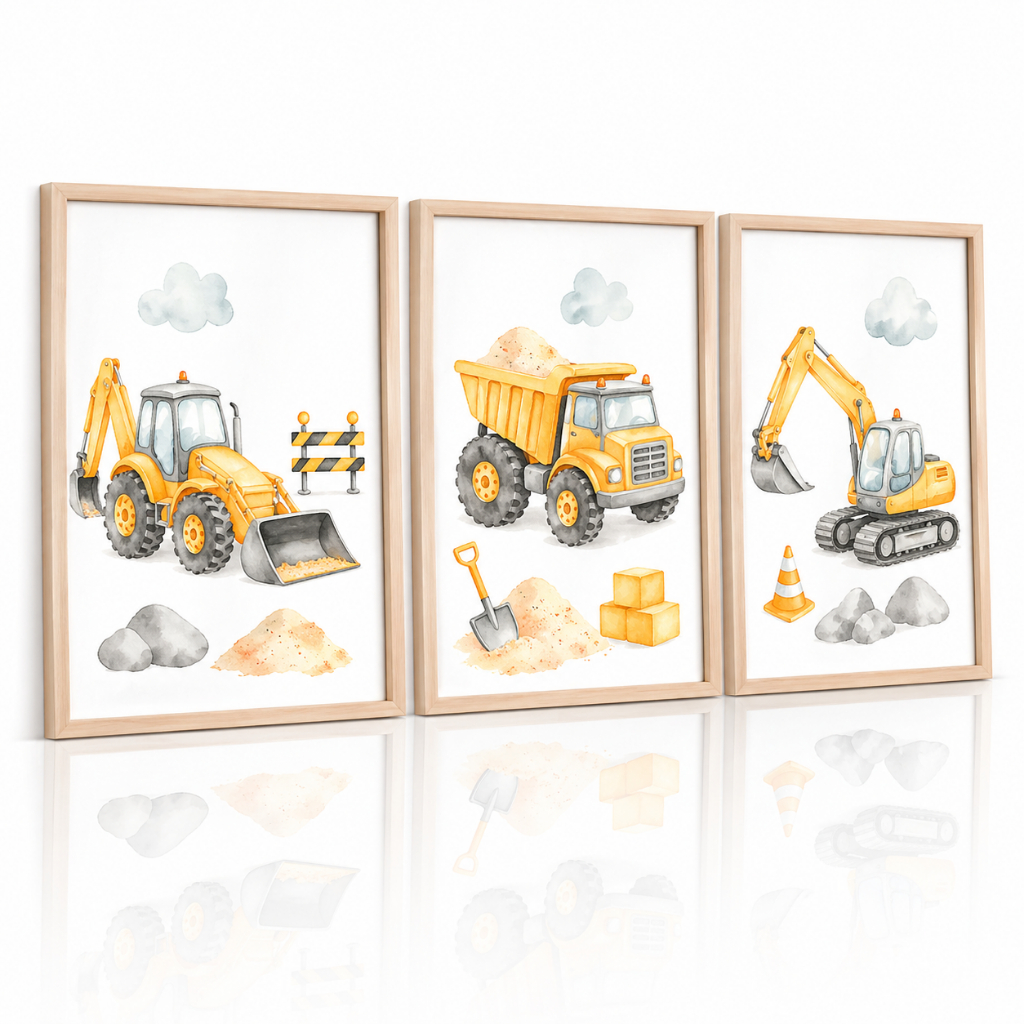 Kit 3 Quadros Decorativos Infantil Máquinas Construção Caminhão Trator Quarto Menino