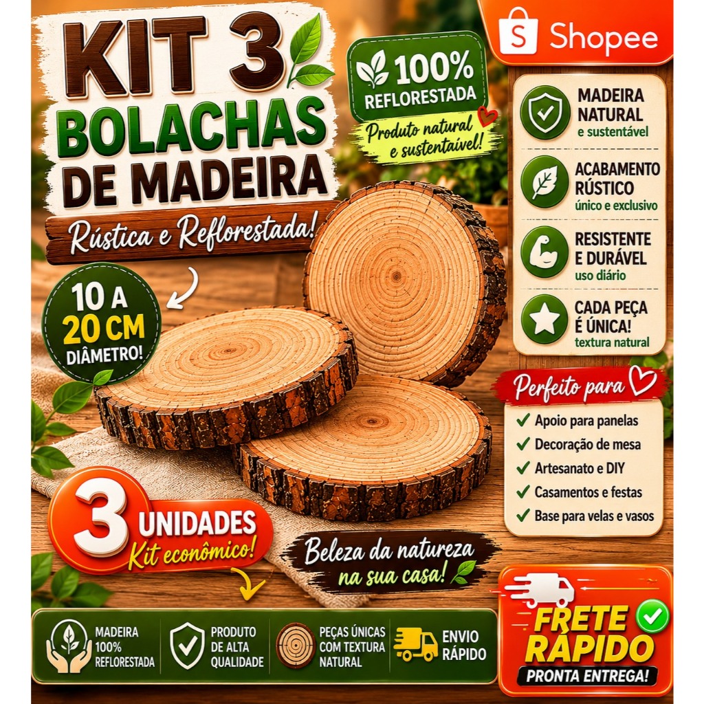 3 Bolachas de Madeira Natural 10 a 20cm Porta Panela Artesanato
