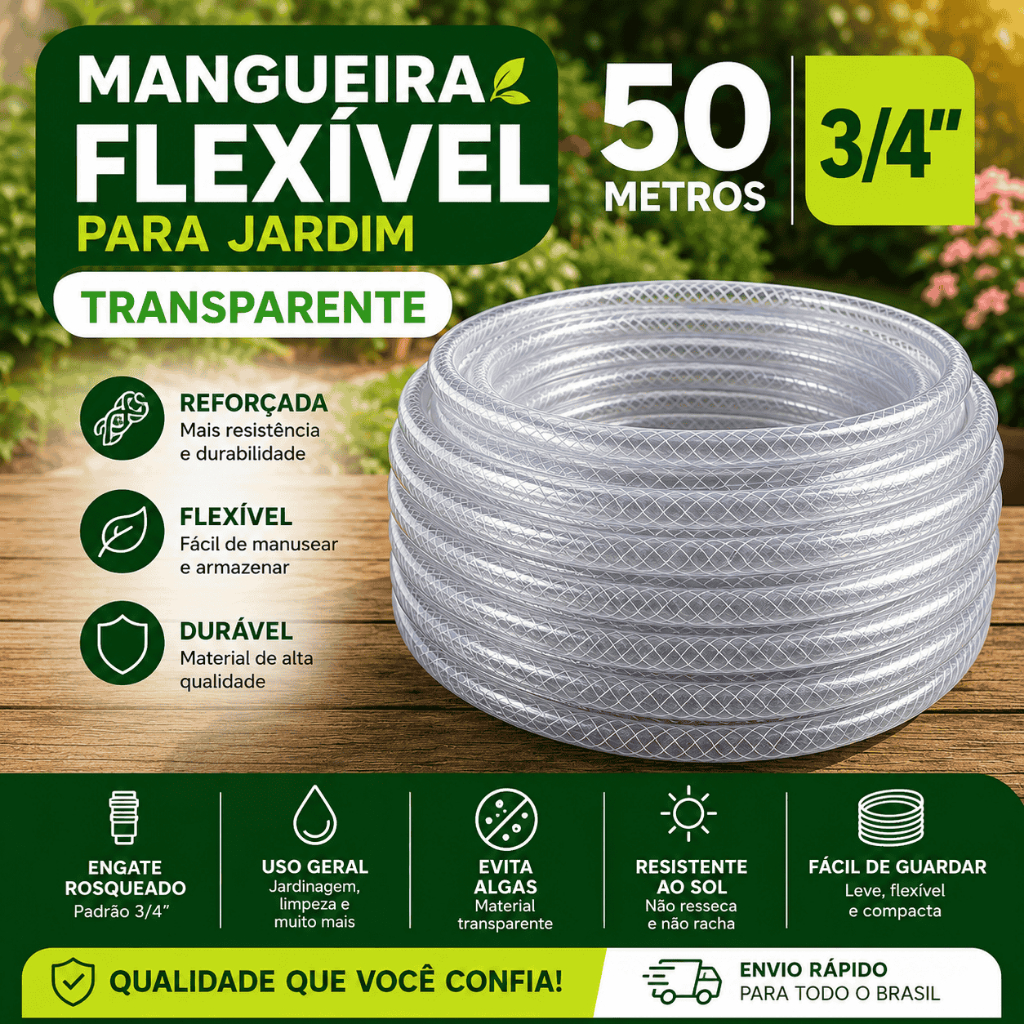 Mangueira Jardim 50 Metros Trançada Reforçada 3/4 Flexível Anti Dobra Irrigação Quintal