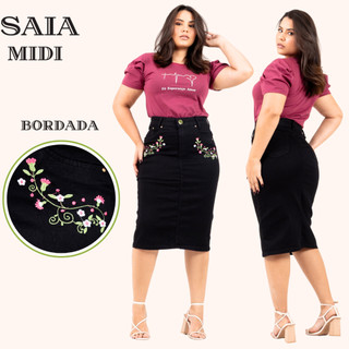 Saia Jeans Midi Evangelica Premium Com Bordado Com Flores Cintura Alta com Lycra  Na Cor Preto
