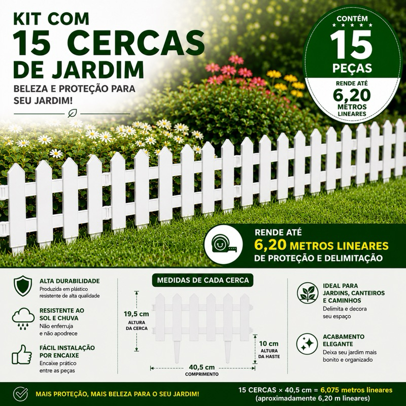 Cerca para Jardim Decorativa Modelo Inglês Kit com 15 Peças (6,15m) Resistente ao Sol e Chuva