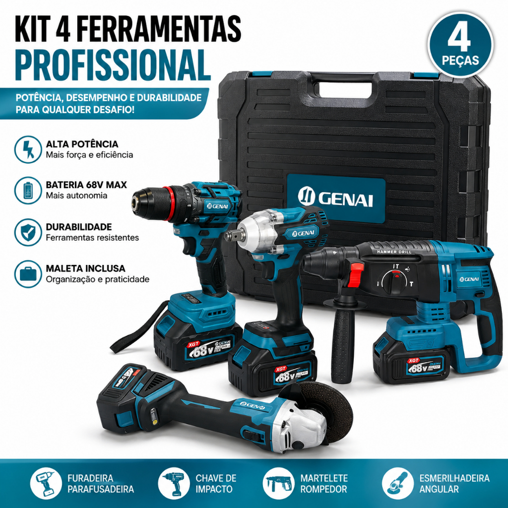Sem escovas Caixa Kit de ferramentas 68V 4 em 1 Furadeira, Chave de fenda/Chave de impacto/Amolador/Martelo 2 baterias