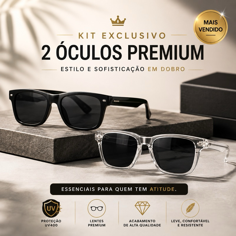 Óculos de Sol Redondo Kit 2 Unissex UV400 Lente Preta New Gray Moda Premium