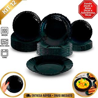 Kit Jogo 12 Pratos Vidro Opaline preto black redondo 4 Rasos 4 Pratos Fundo e 4 Pratos de Sobremesa