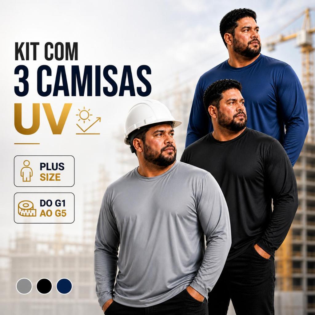 Kit 3 Camisas Uv M ao G5 Proteção Solar UV50+ Plus SIize Masculina Manga Longa Confortável