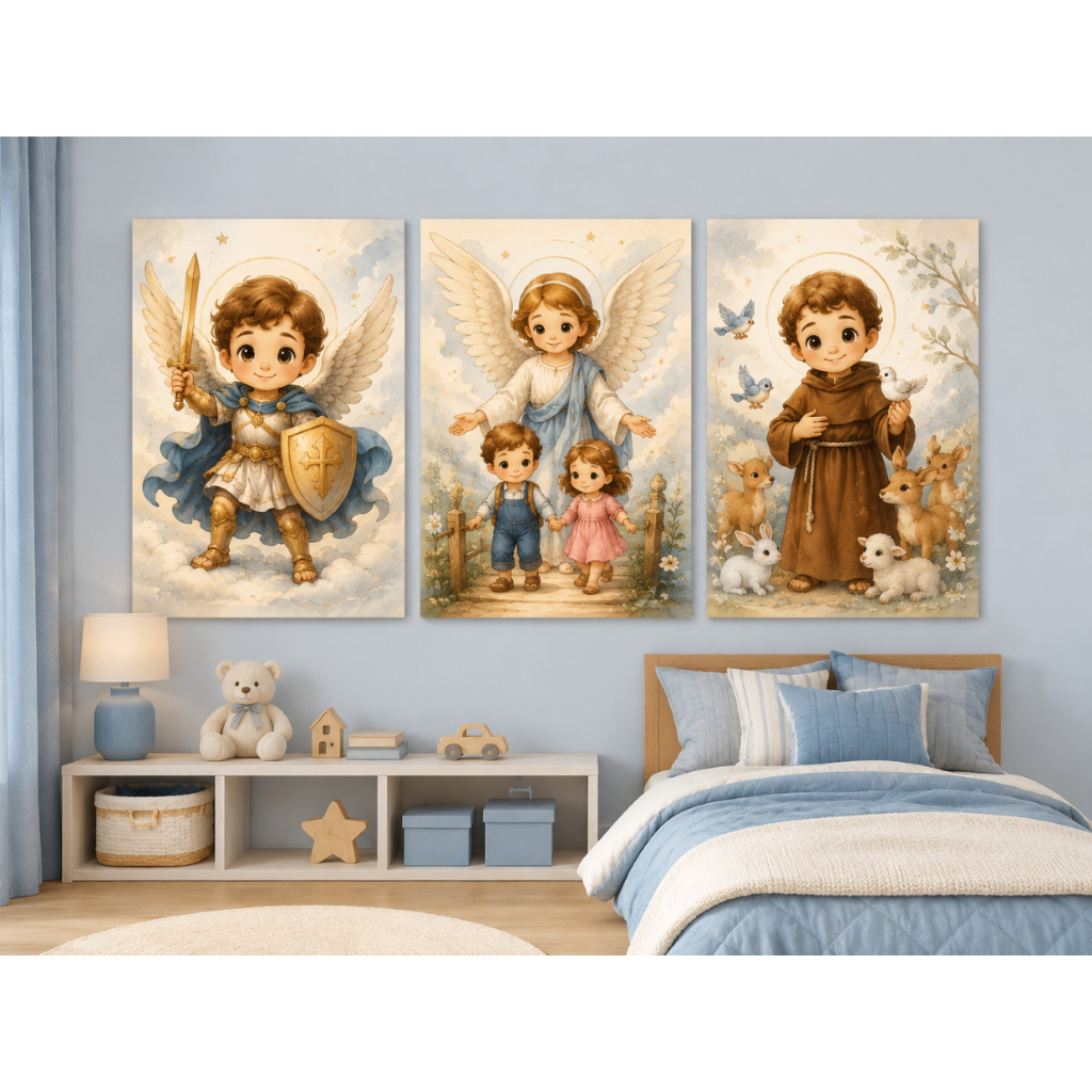Kit Quadros Decorativos 3 Peças Religioso Infantil São Miguel Arcanjo Anjo São Francisco Assis Fé