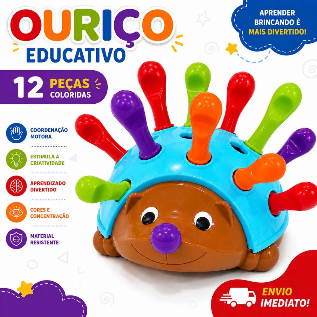Ouriço de Brinquedo Infantil Educacional Encaixar Montar Sensorial Criança Coordenação Motora Bebê