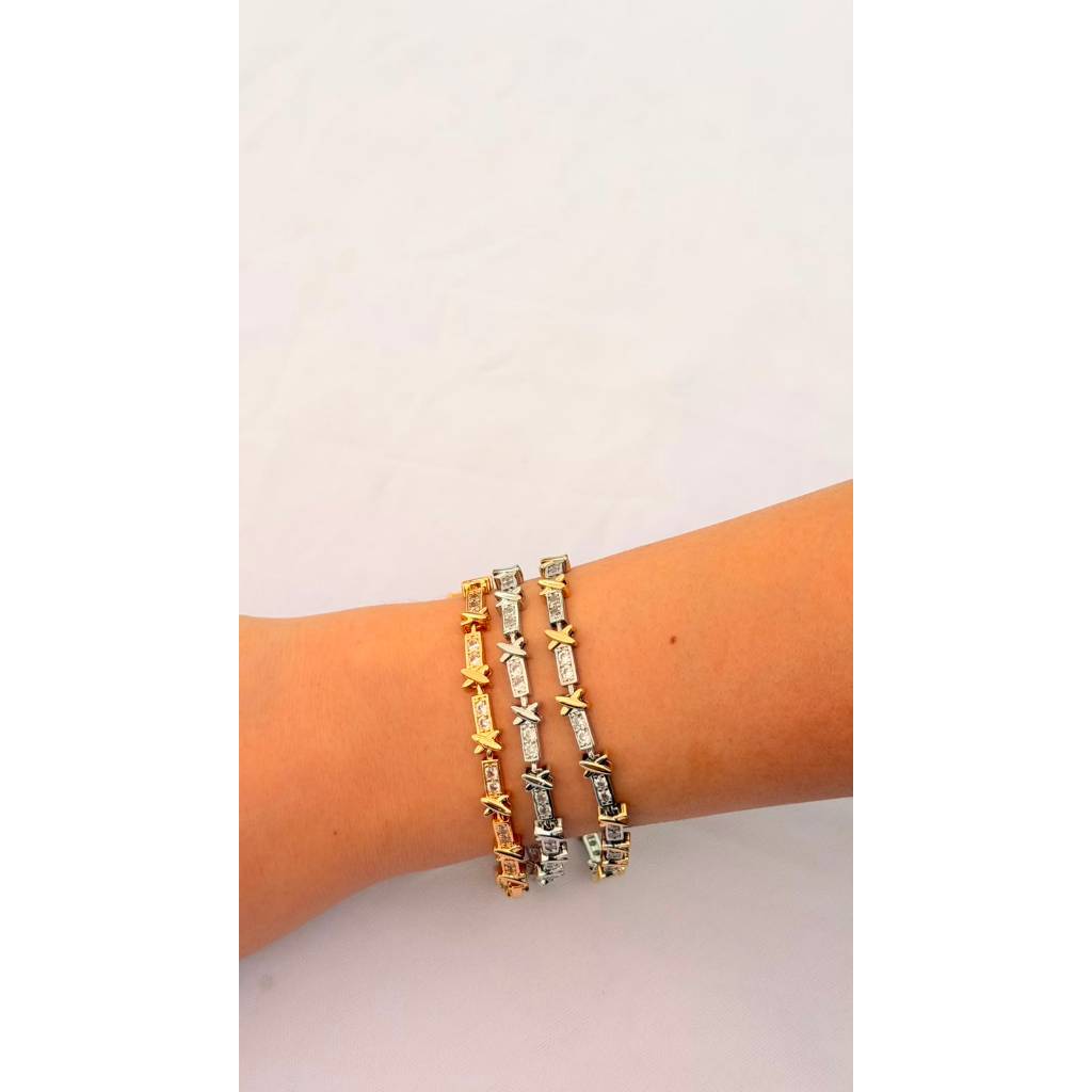 Semi Joia Bracelete Pulseira  X Prata e ouro18k Duo Mix Zircônias Inspiração Luxo Presente Dia Namorados Anti Alergico