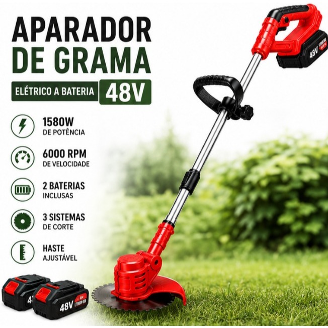 Aparador de Grama 48V a Bateria Sem Fio 1580W Multifuncional Bipartido com Carrinho Completo