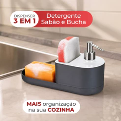 Dispenser Porta Detergente Bucha Esponja E Sabão Em Barra Pedra Para Pia E Bancada com Dosador Arthi