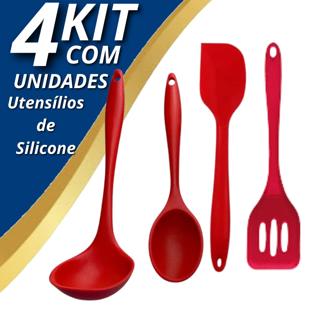 Kit 4 Utensílios de Silicone Concha Colher Espátula Vazada Espátula