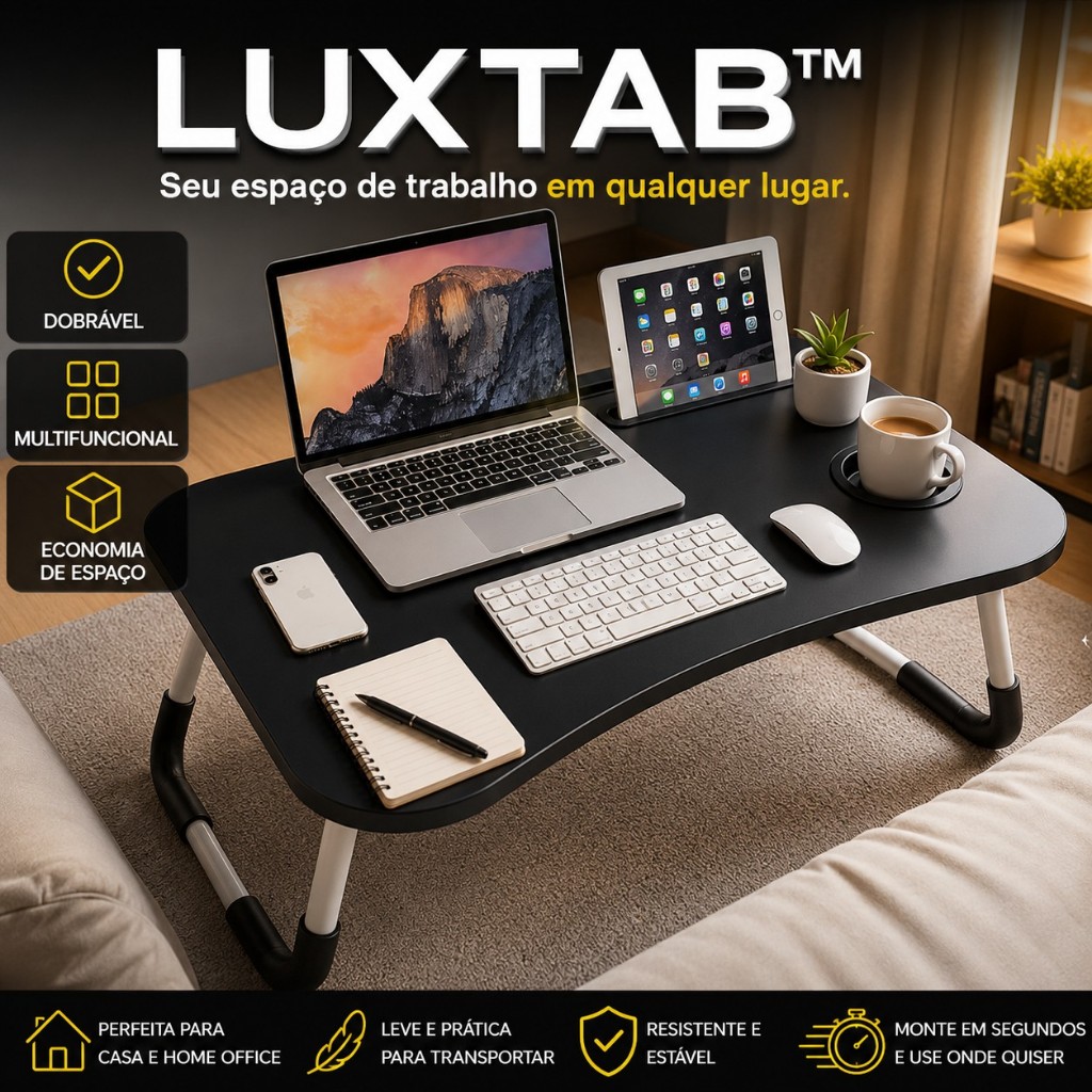 Mesa Portátil Para Notebook Dobrável Home Office Cama Sofá Laptop Multifuncional Preta LUXTAB™