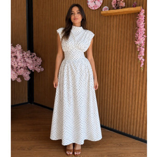 Vestido Midi Poá Feminino Elegante com Ombreira e Amarração nas Costas - ES-VES-084