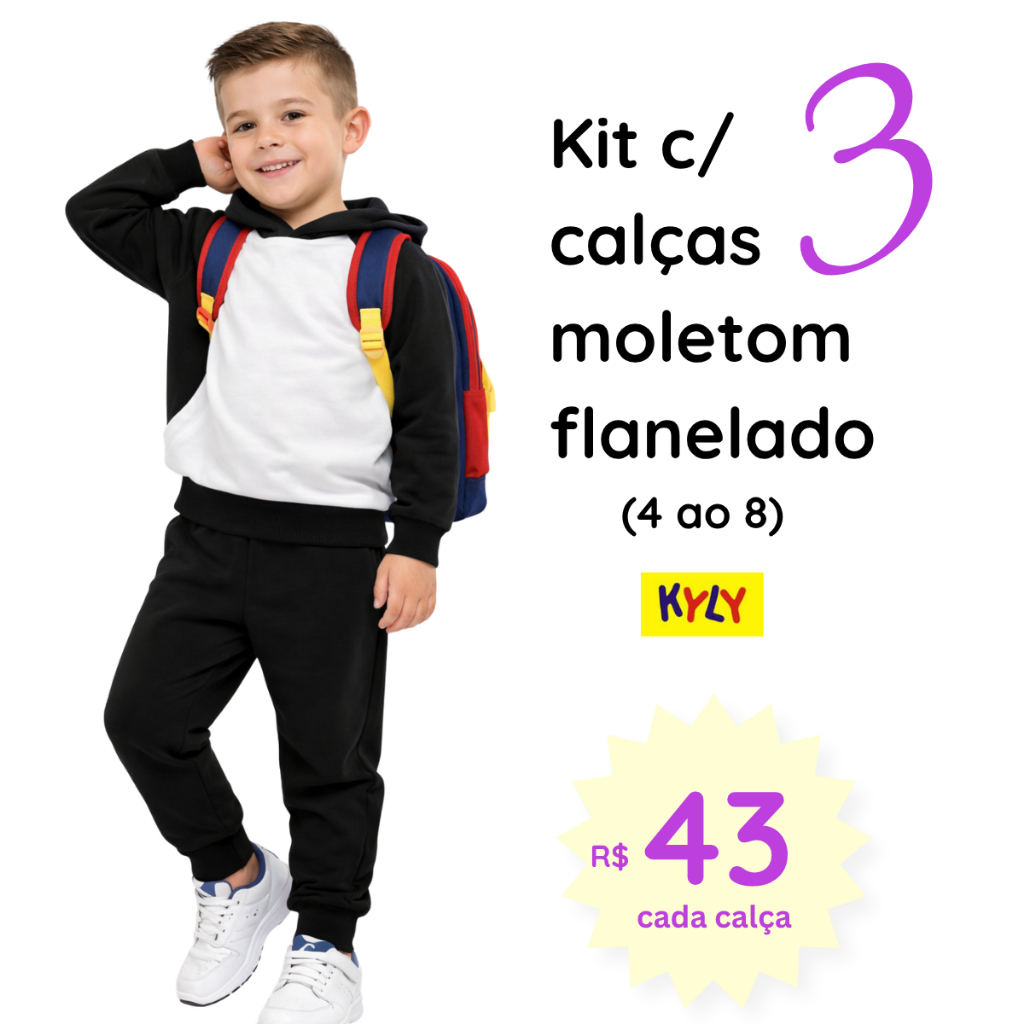 Kit c/ 3 calças infantis moletom flanelado Kyly com punho tamanho 4 ao 8 137036