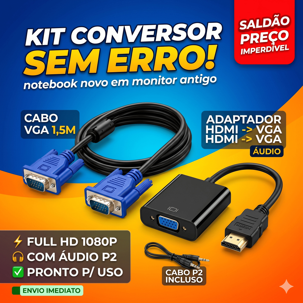 Kit Adaptador HDMI Para VGA + Cabo VGA 1.5m para Monitor PC TV