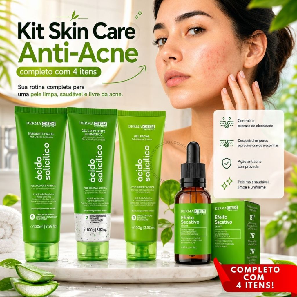 Kit Skin Care Anti Oleosidade Ácido Salicílico Anti Acne Dermachem Completo 4 Itens