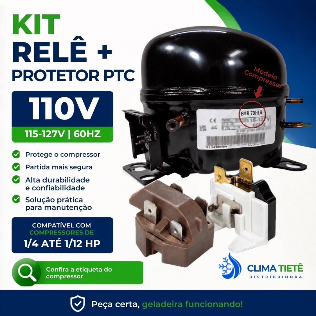 Kit Rele PTC e Protetor Termico 110v 127v Universal Para Motor de Geladeira Bebedouros Freezers 1/4 1/5 1/6 1/8 1/10 HP