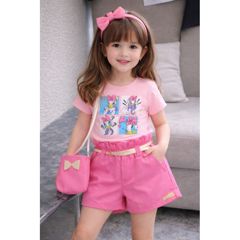 💖🎀 Conjunto Rosa (Short + Blusa + Bolsinha) Conjunto Infantil Feminino Rosa Blusa Short e Bolsinha Menina