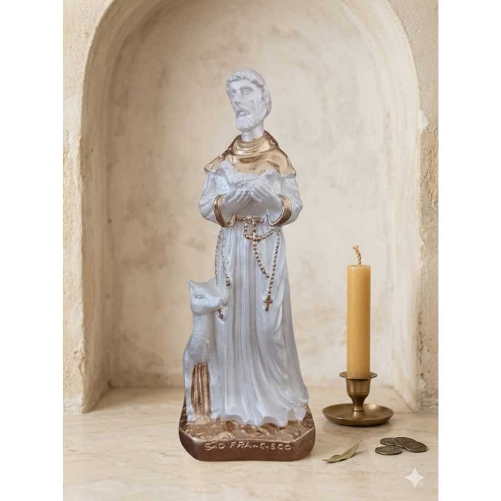 Imagem são francisco de assis 20 cm gesso pintura perola e dourado arte sacra decoração religiosa presente de fé