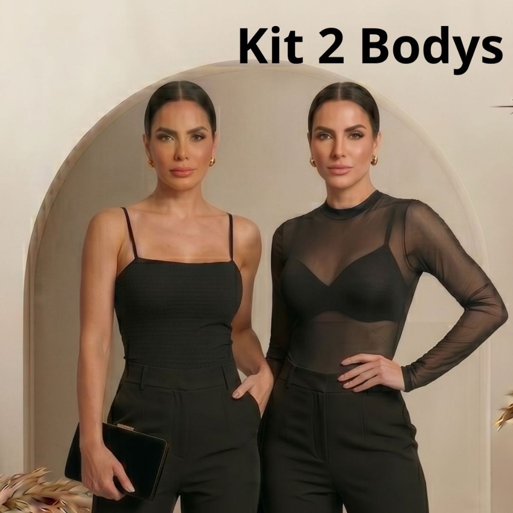Conjunto de 1 a 2 Bodys Feminino Bori Alcinha e body  Tule Manga Longa Transparente Segunda Pele