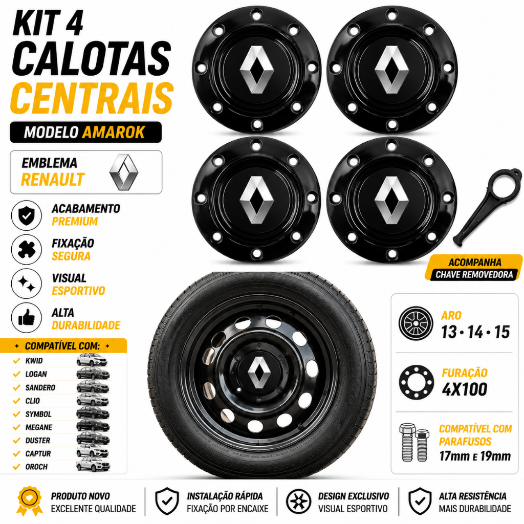 Jogo 4 Calota Roda 13  Ferro Amarok Preta Renault UNIVERSAL