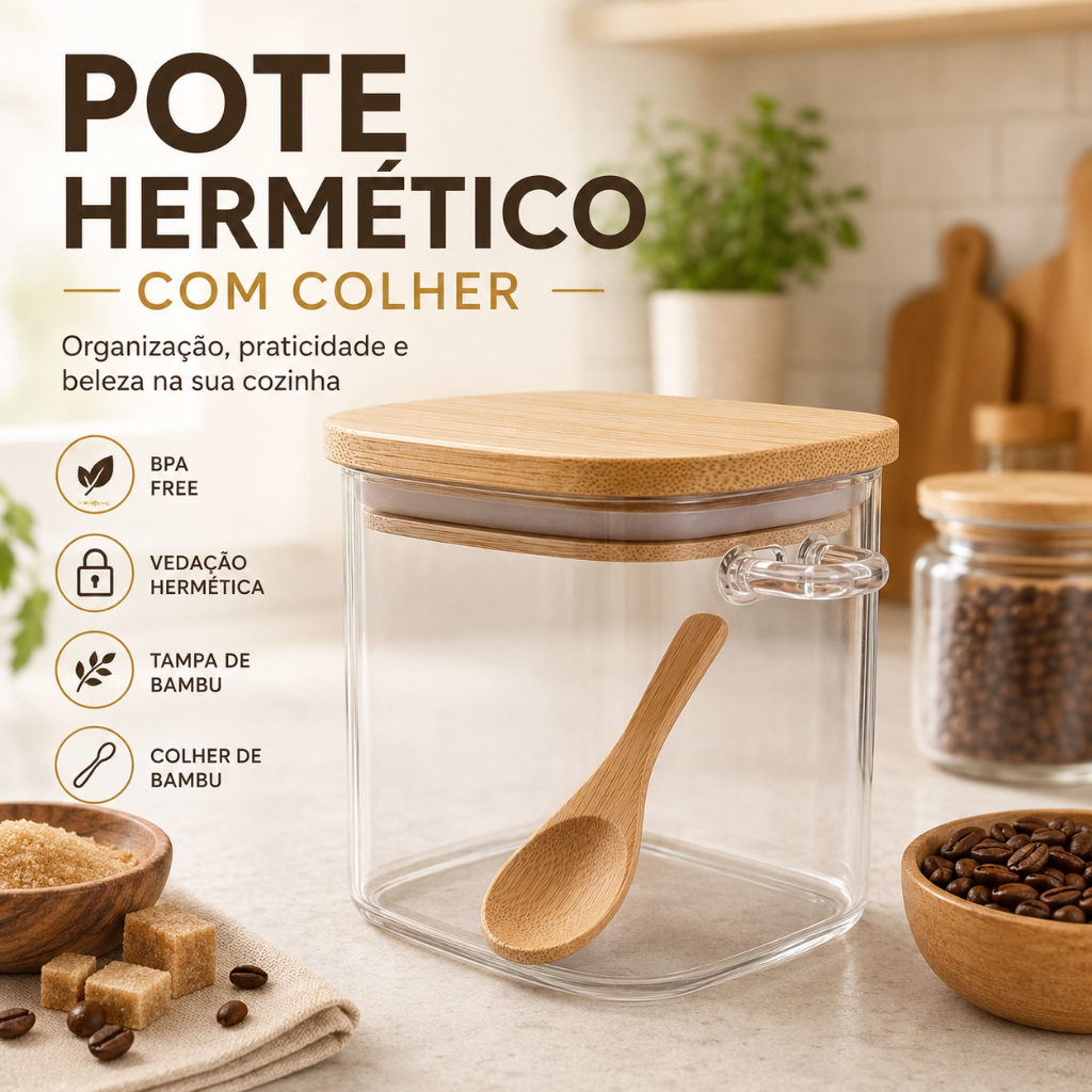 Pote Hermético Transparente 400g com Colher e Tampa de Bambu para Café Açúcar e Temperos