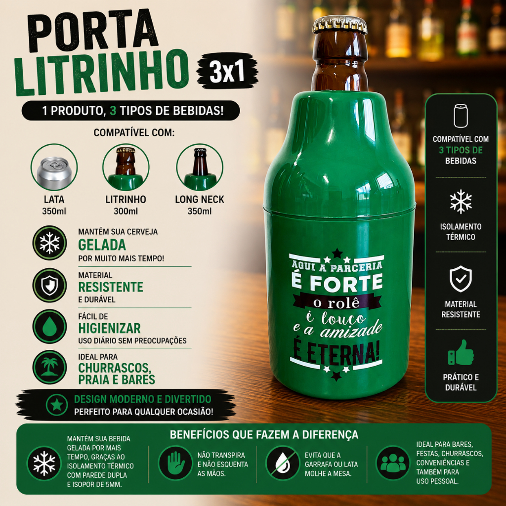 Porta Garrafa 300ml Suporte Térmico Cerveja Gelada Amigos Long Neck Lata Premium
