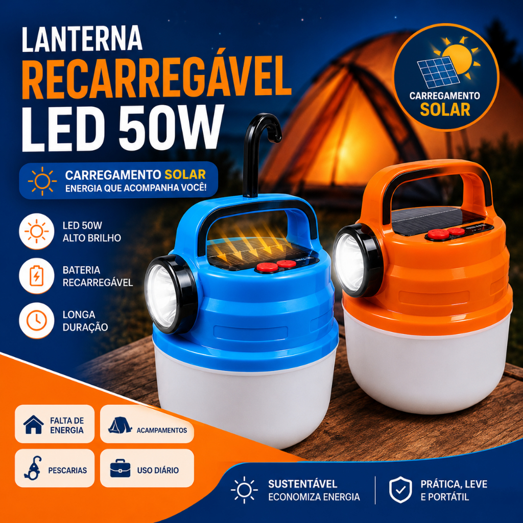 Lanterna Solar LED Portátil Recarregável USB e Solar c/ Gancho Luz Camping Emergência Alta Potência