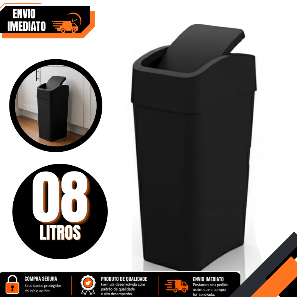 Lixeira Basculante Astra 8L Preta Plástico Tampa Prática Cozinha Banheiro Escritório Durável