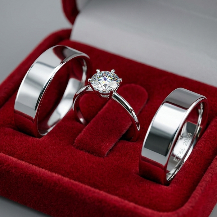 Par de Aliança Prata 6mm de Namoro/Compromisso Casal com Anel Solitário Brilhante