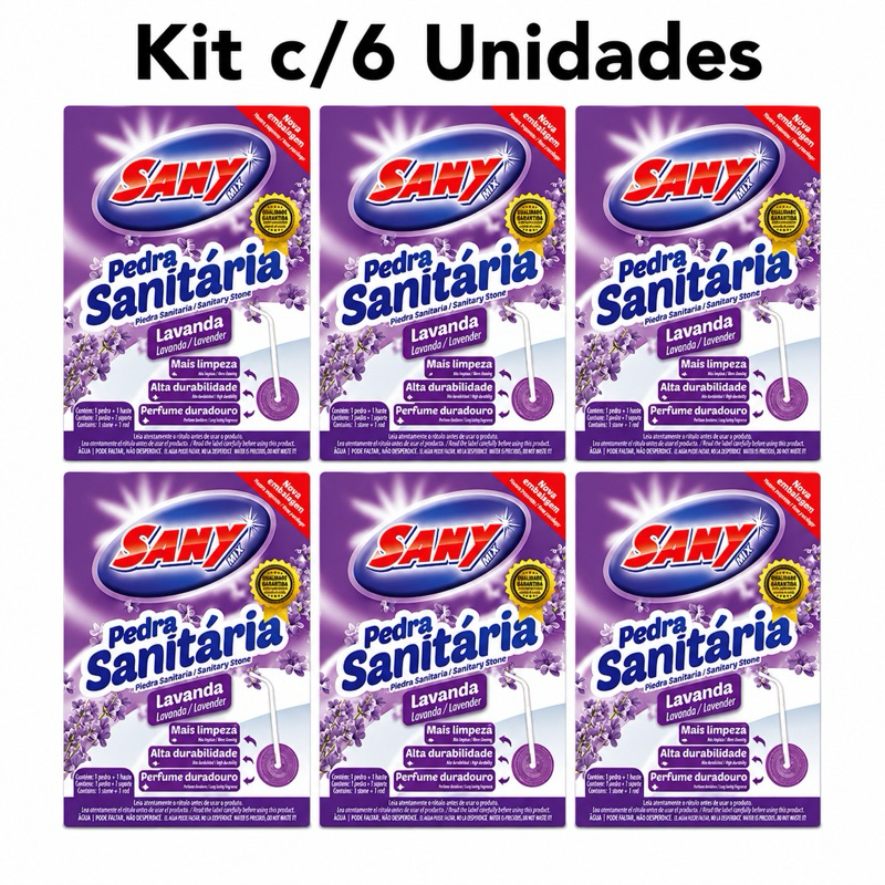 Kit C/6 Pedra Sanitária Sany Mix Lavanda para Vaso Sanitário com Suporte e Haste | Fragrância Lavanda Duradoura