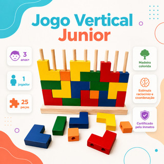 Blocos De Encaixe Vertical Junior Tetris em Madeira 25 Peças Tamanho Pequeno Brinquedo Educativo
