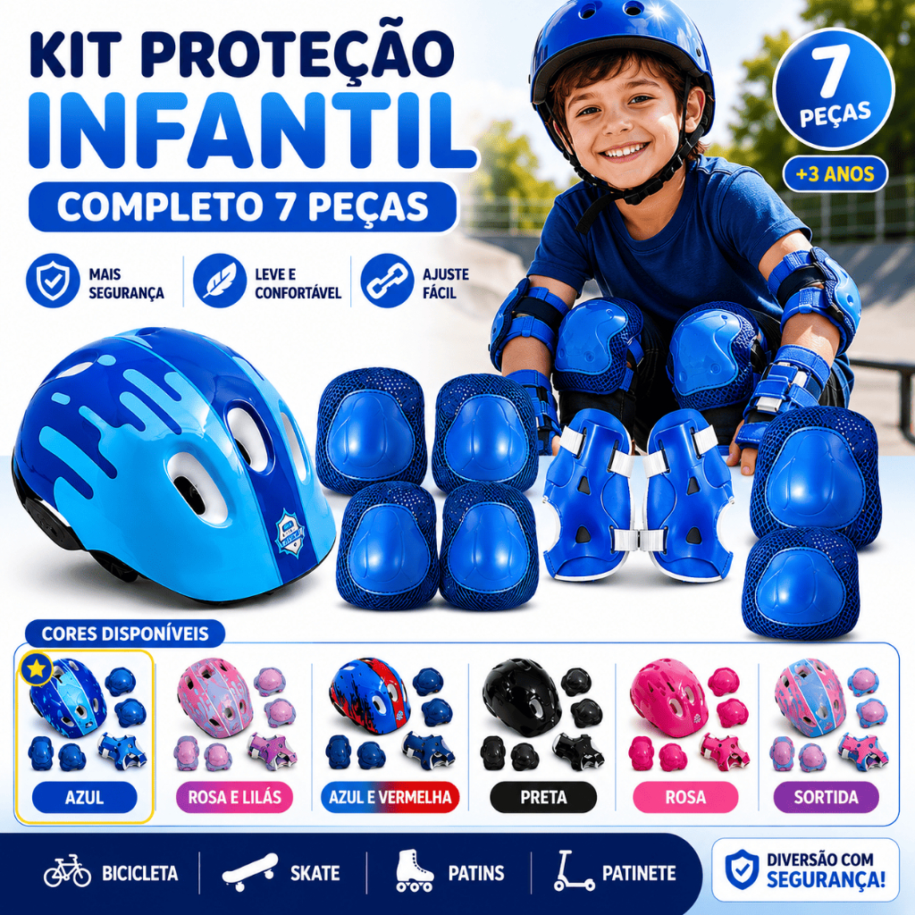 Kit Proteção Infantil Completo 7 Peças com Capacete Ajustável Skate Bike Patins Criança