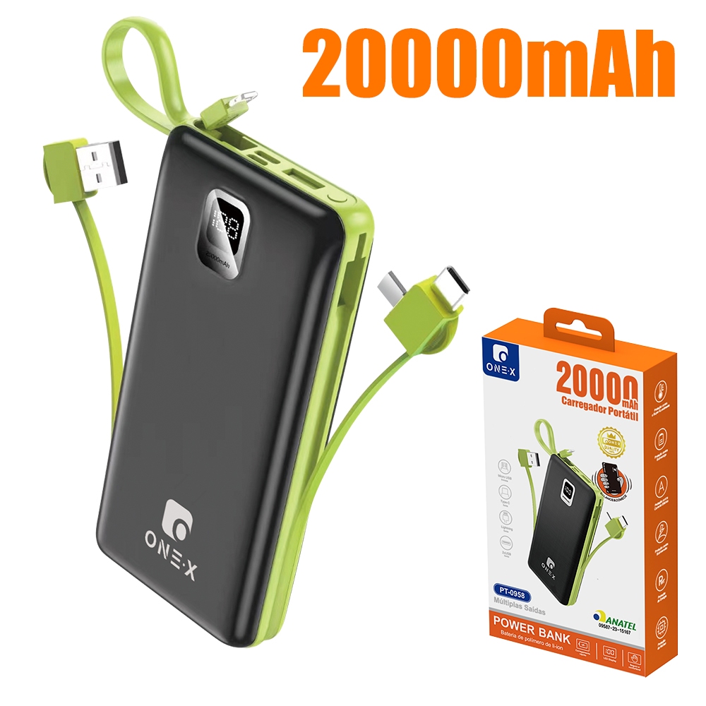 ONEX Power Bank 20000mAh Carregador Portátil Com Cabos Integrados 3 em 1 Display Digital Compatível iPhone Tipo C