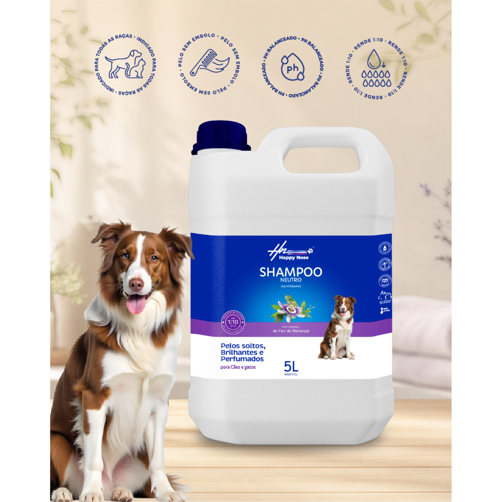 Shampoo Neutro Profissional Cães e Gatos Happy Nose | pH 7.0 | Uso Petshop | Alto Rendimento 1:10 | 5L