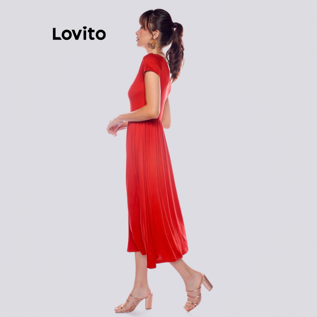 Lovito Vestido Midi Feminino Evasê Decote V Manga Curta Soltinho DRB1126BRL1156