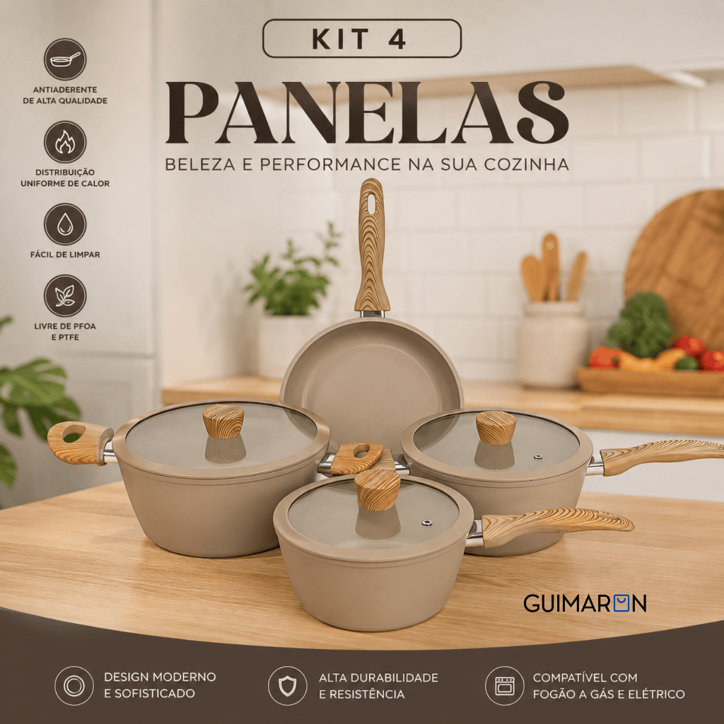 Jogo de Panelas 7 Peças Cerâmica Antiaderente Indução Gás Tampa Vidro Cabo Madeira Cozinha