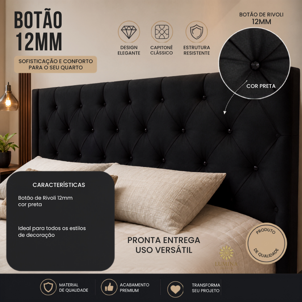 Botão Strass Preto Rivoli Capitonê 12mm Moda Decoração Artesanato