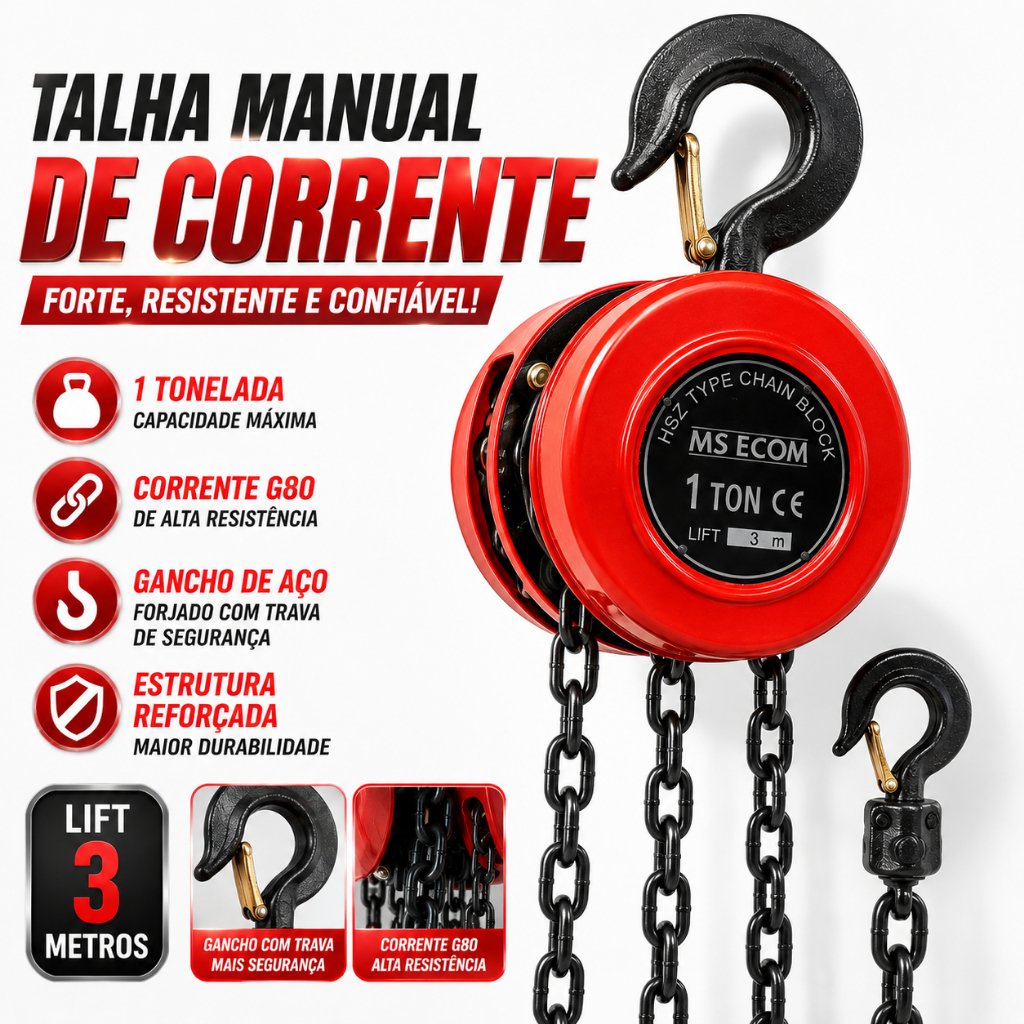 Talha Manual Corrente 1000KG 3m Freio Cabeça Única Nível 80 Indústria e Construção